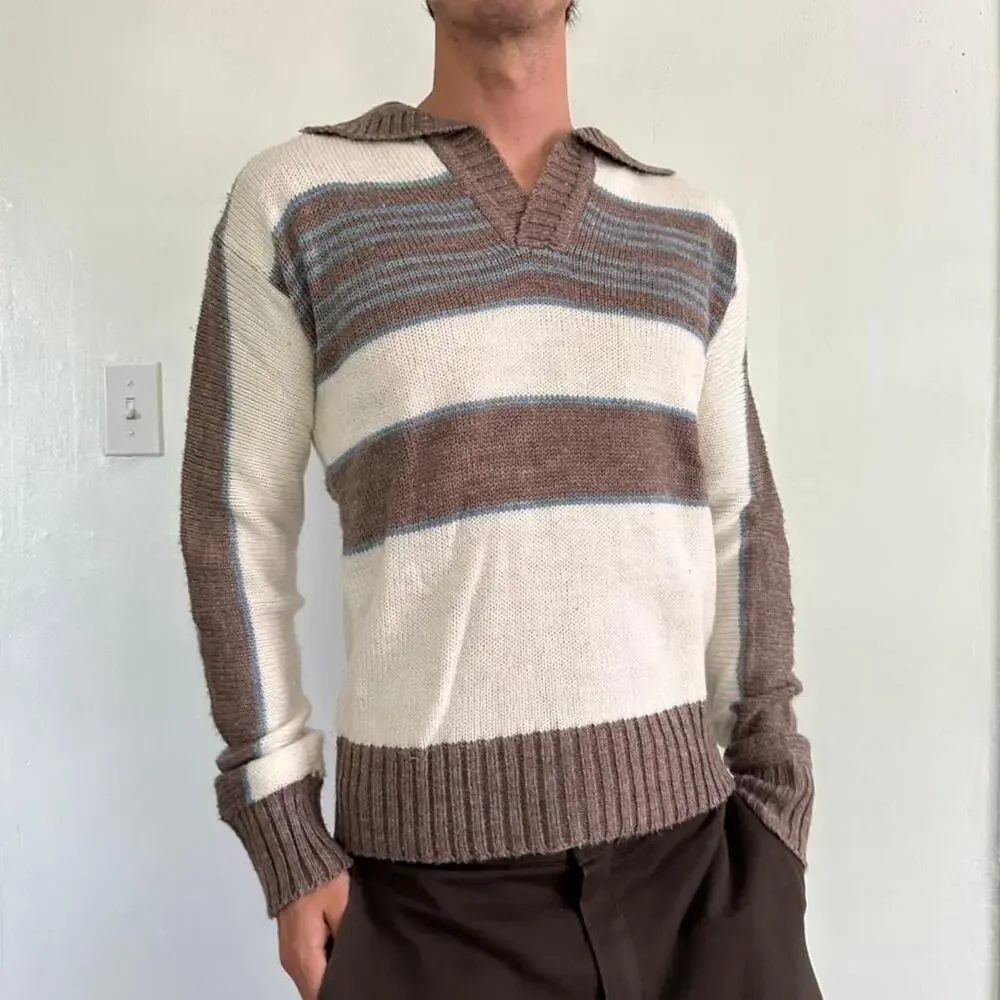 Vintage 70s Striped Collar Rugby Preppy Knit Sweater Longsleeve Pullover - Picture 2 of 7